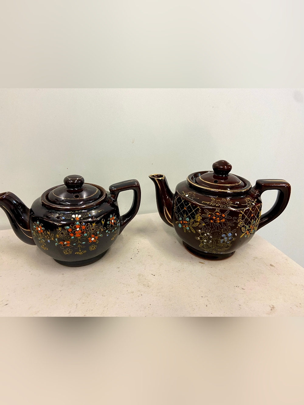 Vintage Brown Ceramic Teapots with Floral Gold Accents